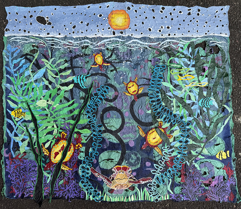 “Hey Dude”, 21” x 25”, mulberry and tissue paper, acrylic paint, oil pastel