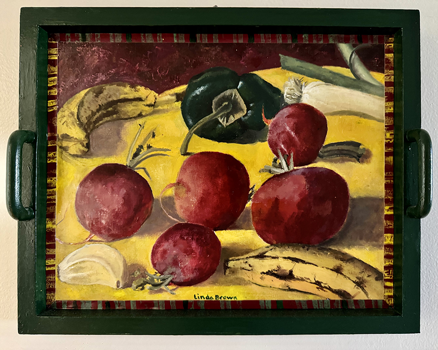 Still Life with Banana and radishes, oil painting tray, 15 3/4” x 13”