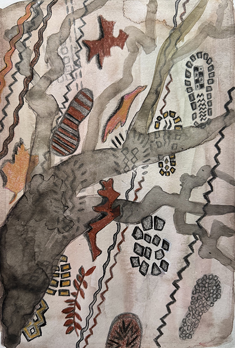 “Sidewalk sketch 1, water color & colored pencil, 9” x 6”