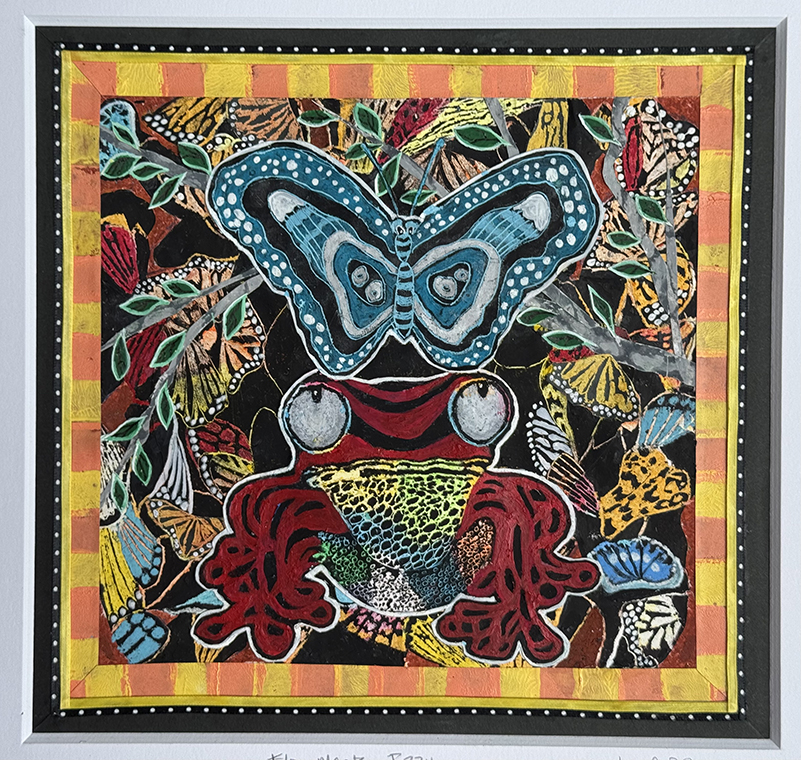 Bobo meets Izzy, 12” x 12”, oil pastel, ribbon and acrylic