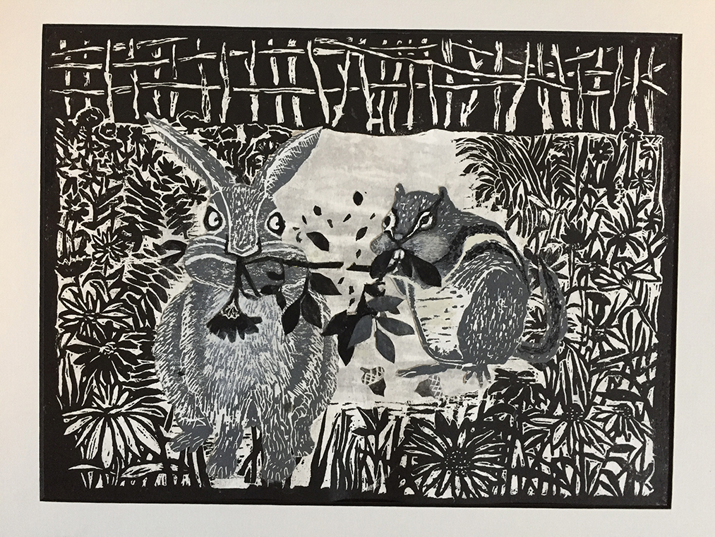 Rabbit and Chipmunk Share a Meal, linoleum block print, 12½” x 9½”