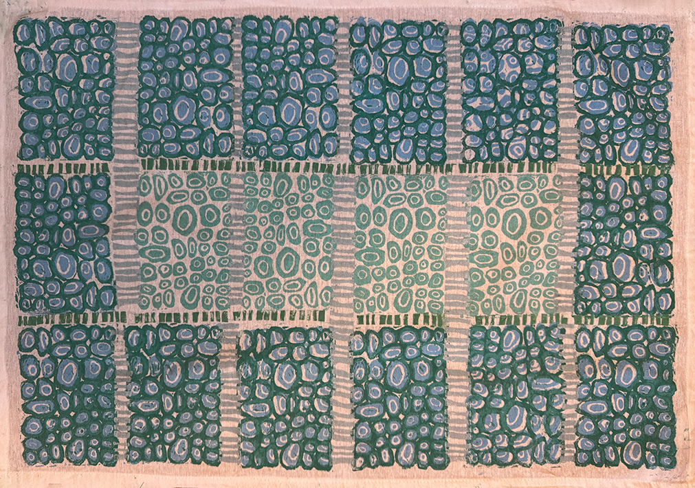 Green/blue block printed textile, 28” x 19”