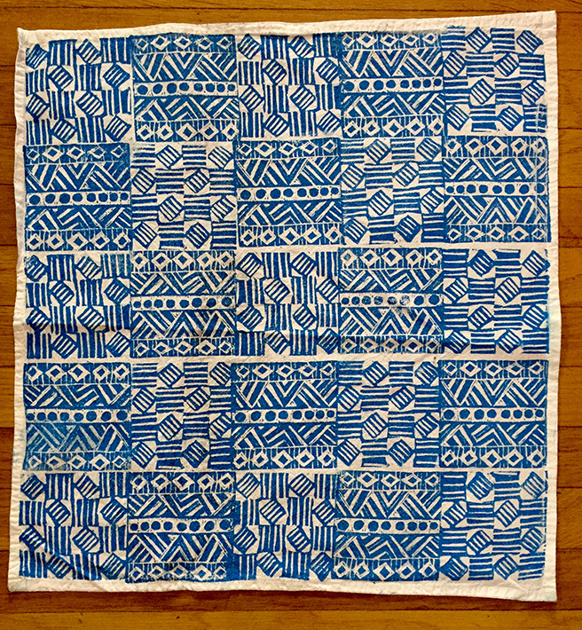 Blue Block printed textile, 22” x 20 ¼’
