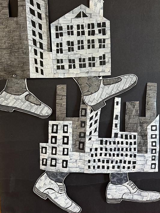 Shoe and building puppets, cardboard and acrylic paint approx. 16” to 20” high, for performance of “Shoe Story”