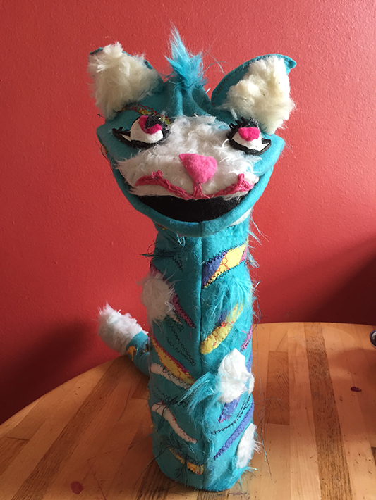 Cat Puppet, 14” high, fleece and fabric