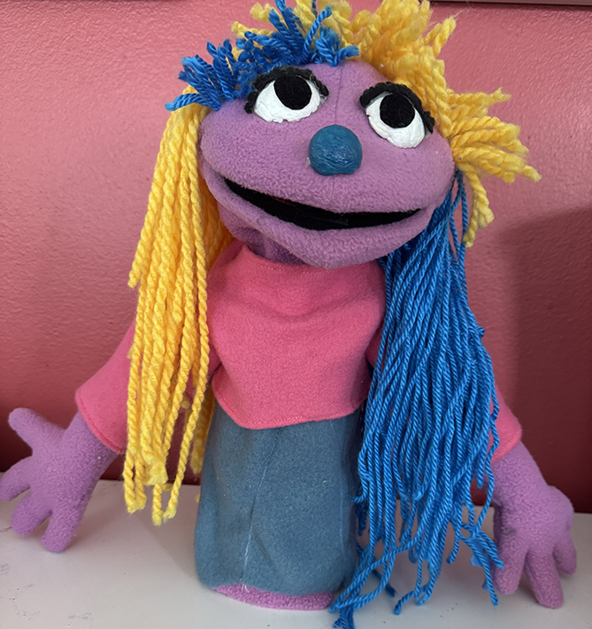 Molly, fleece and yarn, 14” high,  for performance of “Shoe Story”