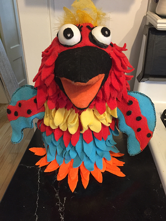 Parrot Puppet made with fleece and felt 15” high,  for performance of “Free Jack and Zac”