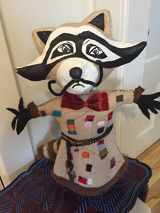Racoon Puppet, 15” high, papier mache and fleece, for performance of “Free Jack and Zac” 